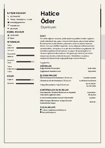 Beslenme Uzmanı Diyetisyen CV Örnekleri cv indir